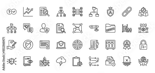 Cybersecurity and legal compliance line icon set. Vector pictograms of confidentiality, data protection, law, and security, thin linear illustration.