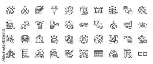 Data processing line icon set. Vector pictograms of server, funnel, algorithm, cleaning, database, cloud, flowchart, security, automation, thin linear illustration.