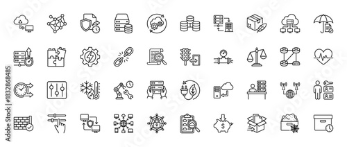 Technology and data line icon set. Vector pictograms of cloud computing, network security, database management, and automation, thin linear illustration.