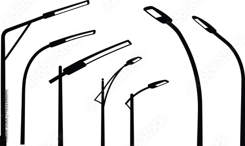 Modern urban streetlight silhouettes, contemporary lamp pole designs, minimalist black street lamps illustration, city lighting infrastructure artwork, outdoor lighting concept