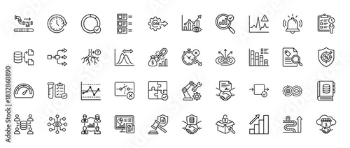 Business process and analysis line icon set. Vector pictograms of clock, chart, database, puzzle, and robotic arm, thin linear illustration.
