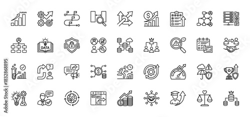 Business and management line icon set. Vector pictograms of growth chart, research, strategy, handshake, and data security, thin linear illustration.