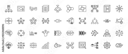 Technology and data science icon set. Vector pictograms of server, database, network, computing, and blockchain, thin linear illustration.