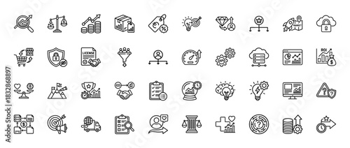 Business and finance line icon set. Vector pictograms of analytics, scaling, balance, strategy, and security, thin linear illustration.