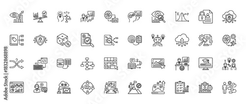 Data analysis line icon set. Vector pictograms of machine learning, statistics, sql, algorithm, strategy, cloud, robot, dashboard and report, thin linear illustration.