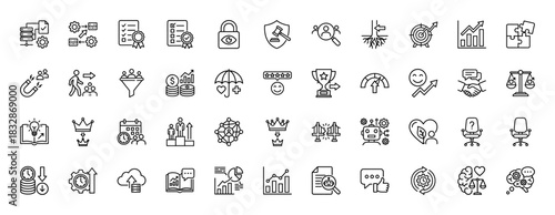 Business and management line icon set. Vector pictograms of charts, graphs, development, strategy, and security, thin linear illustration.