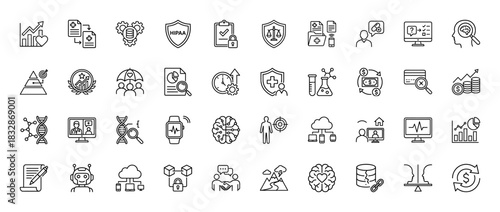 Healthcare and technology line icon set. Vector pictograms of research, data, security, finance, and genetics, thin linear illustration.