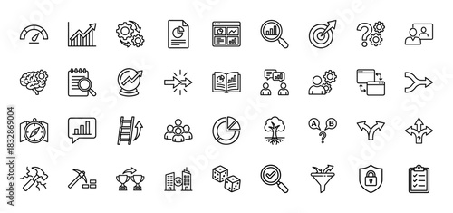 Business and analysis line icon set. Vector pictograms of growth chart, target, funnel, and decision tree, thin linear illustration.