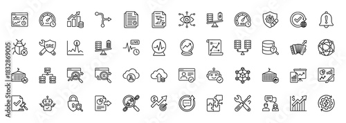 Technology and development line icon set. Vector pictograms of server monitoring, performance, security, and data analysis, thin linear illustration.