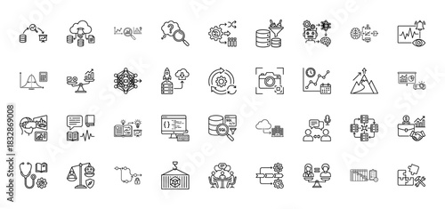Data science and analytics line icon set. Vector pictograms of machine learning, database, analysis, and research, thin linear illustration.