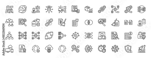 Data management and technology line icon set. Vector pictograms of database, security, analytics, and structure, thin linear illustration.
