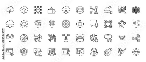 Technology line icon set. Vector pictograms of cloud computing, ai, blockchain, virtual reality, drone, robot, wireless, and smart devices, thin linear illustration.