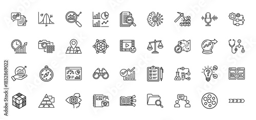 Business and data analysis line icon set. vector pictograms of charts, magnifying glass, brain, scales, and binoculars, thin linear illustration.