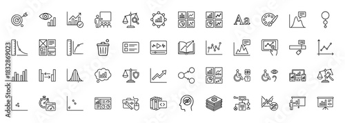 Business and data analysis line icon set. Vector pictograms of charts, graphs, balance, and presentation tools, thin linear illustration.