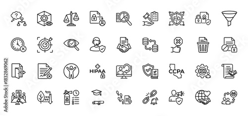 Data privacy and protection line icon set. Vector pictograms of legal documents, security shields, and digital rights, thin linear illustration.