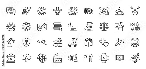 Artificial intelligence and technology line icon set. Vector pictograms of machine learning, robotics, finance, and education, thin linear illustration.