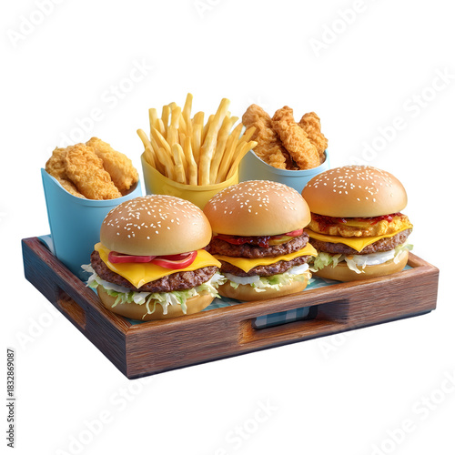 Fast Food Combo with Cheeseburgers, Chicken Burgers, French Fries and Nuggets in Black Tray Isolated on White Background – Junk Food Meal