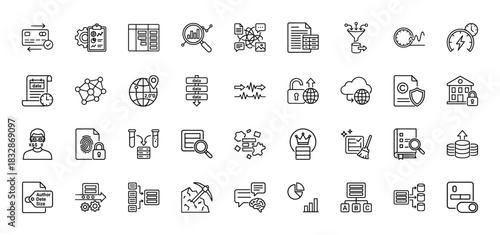 Data science and analytics line icon set. vector pictograms of security, mining, management, and visualization, thin linear illustration.