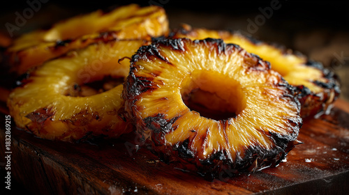 A close-up shot of caramelized and slightly burned grilled pineapple slices on a wooden surface, showcasing charred edges, glossy texture, and rich golden tones, captured with dramatic lighting.