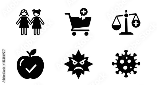 Diverse icons representing health, shopping, justice, and education.