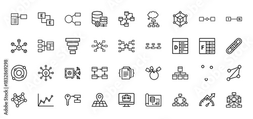 Database and data structure line icon set. Vector pictograms of server, network, flowchart, cloud, analytics, and hierarchy. Thin linear illustration.