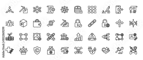 Blockchain technology and cryptocurrency line icon set. Vector pictograms of mining, contract, wallet, chain, and security, thin linear illustration.
