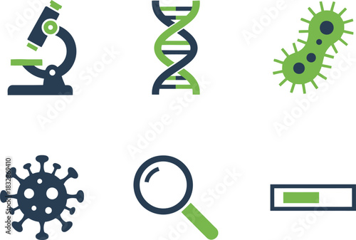Science and medical research icons featuring dna microscope bacteria and virus