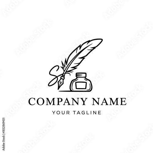 Elegant Quill Pen and Inkwell Logo Design for Company Branding.