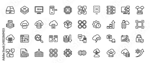 Cloud computing and virtualization line icon set. Vector pictograms of server, operating system, virtual machine, and data, thin linear illustration.