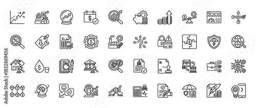 Finance and business line icon set. vector pictograms of magnifying glass, data chart, calculator, calendar, and piggy bank, thin linear illustration.