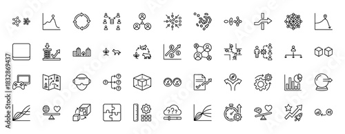 Business strategy and analytics line icon set. Vector pictograms of graph, network, gear, puzzle, chart, hierarchy, map, target, thin linear illustration.