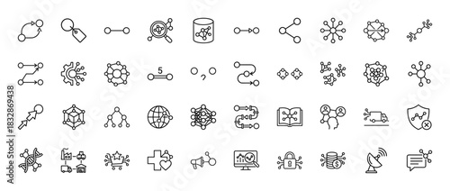 Data and network technology line icon set. Vector pictograms of flowcharts, data processing, security, and distribution, thin linear illustration.