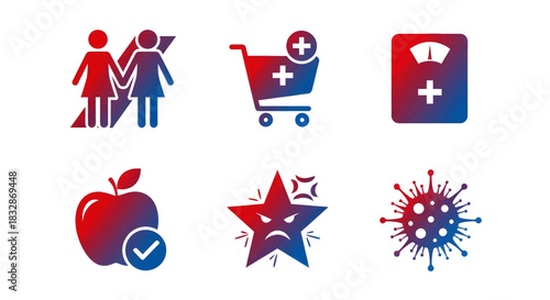 Illustrations representing health, shopping, and illness with a red and blue gradient.