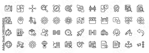 Business and strategy outline icon set. Vector pictograms of puzzle, analysis, compass, settings, calendar, and delivery, thin linear illustration.
