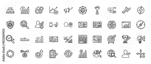 Business analytics and marketing line icon set. Vector pictograms of growth, crm, strategy, and ai, thin linear illustration.