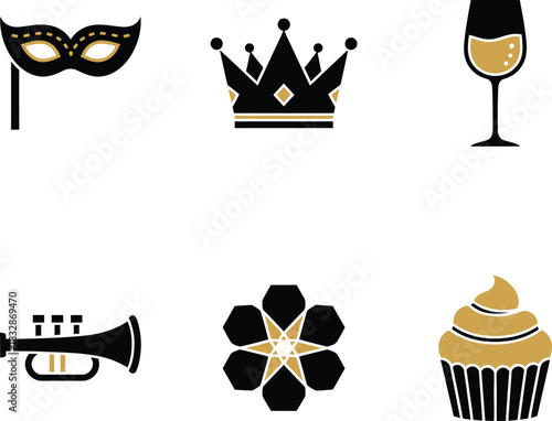 Celebration icons featuring a mask wine glasses trumpet cupcake crown and flower