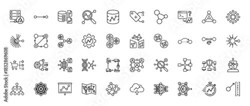 Data science and network technology line icon set. Vector pictograms of server, database, analysis, graph, machine learning, and algorithm, thin linear illustration.