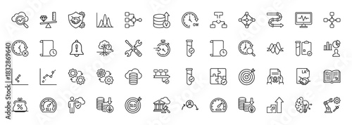 Business and data analysis line icon set. Vector pictograms of charts, targets, processes, databases, and slos, thin linear illustration.