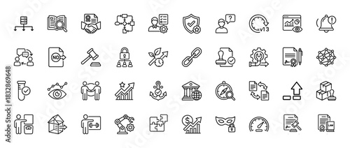 Business and legal services line icon set. Vector pictograms of data, contract, security, process, and finance, thin linear illustration.