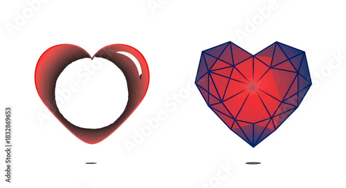Two stylized hearts, one smooth and glossy, the other geometric and faceted, symbolizing love and connection.