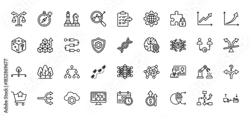 Decision making and strategy line icon set. Vector pictograms of puzzle, analysis, research, and machine learning, thin linear illustration.