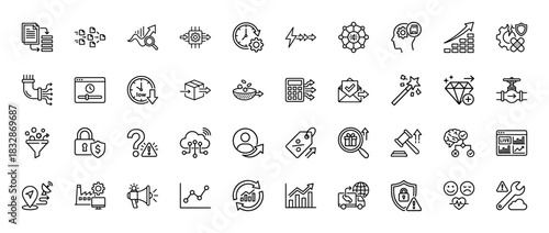 Business and data technology line icon set. Vector pictograms of analysis, security, finance, and automation, thin linear illustration.