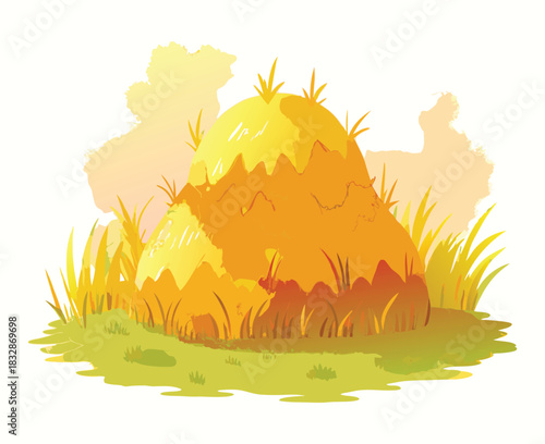 A charming cartoon illustration of a golden haystack nestled in a field of tall grass art
