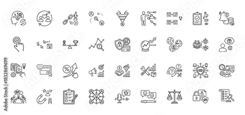 Business and marketing line icon set. Vector pictograms of strategy, data analysis, customer relationship management, sales funnel, and security, thin linear illustration.