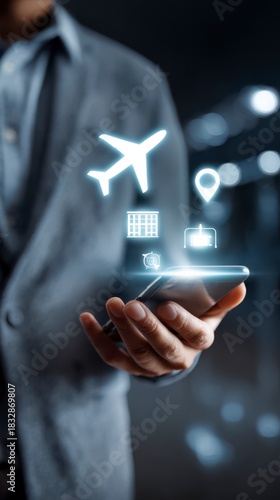 Journey Planning at Hand: An individual holds a phone displaying travel icons, symbolizing ease and convenience in trip preparations and a smooth experience.