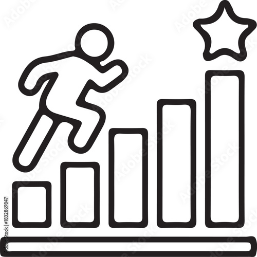 Stylized silhouette of a person running up a bar graph towards a star symbolizing achievement and progress isolated on transparent background