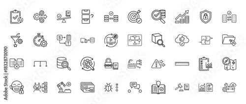 Business and data management line icon set. Vector pictograms of checklist, gears, database, security, and analytics, thin linear illustration.