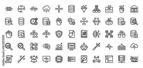 Technology and data line icon set. Vector pictograms of database, cloud computing, server rack, and security, thin linear illustration.