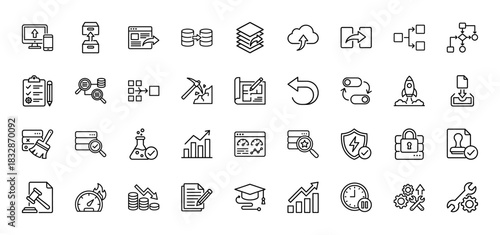 Data science and analytics line icon set. Vector pictograms of database, research, mining, security, and analysis, thin linear illustration.