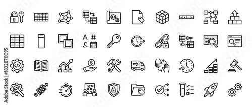 Technology and data line icon set. Vector pictograms of security, coding, database, analytics, and time management, thin linear illustration.